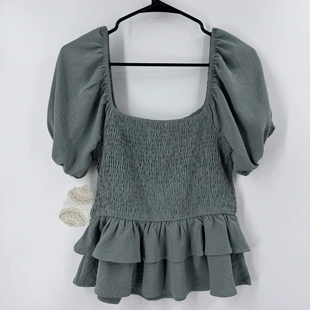 Altar'd State Green Peplum Blouse with Ruffled Short Sleeves - Picture 4 of 8